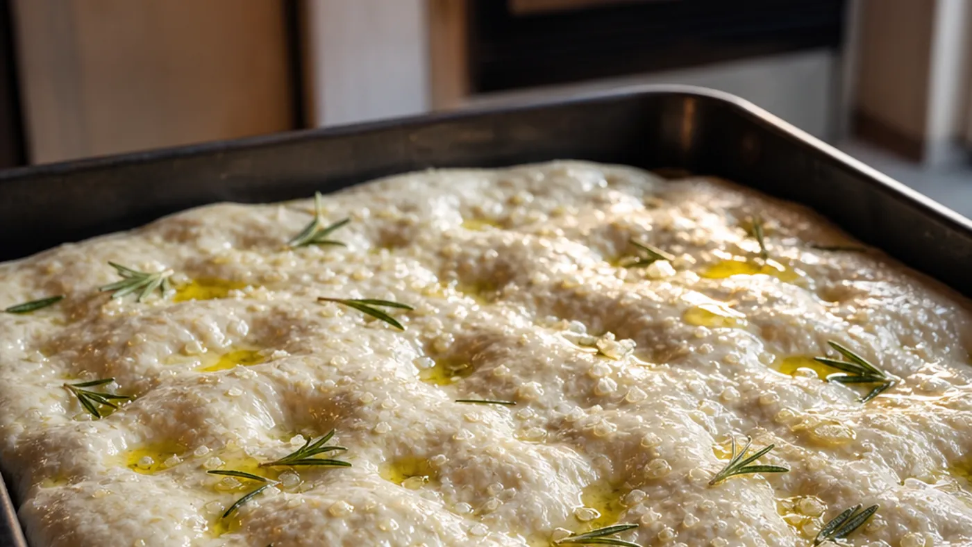 Focaccia crue huilée et creusée dans une plaque avant cuisson