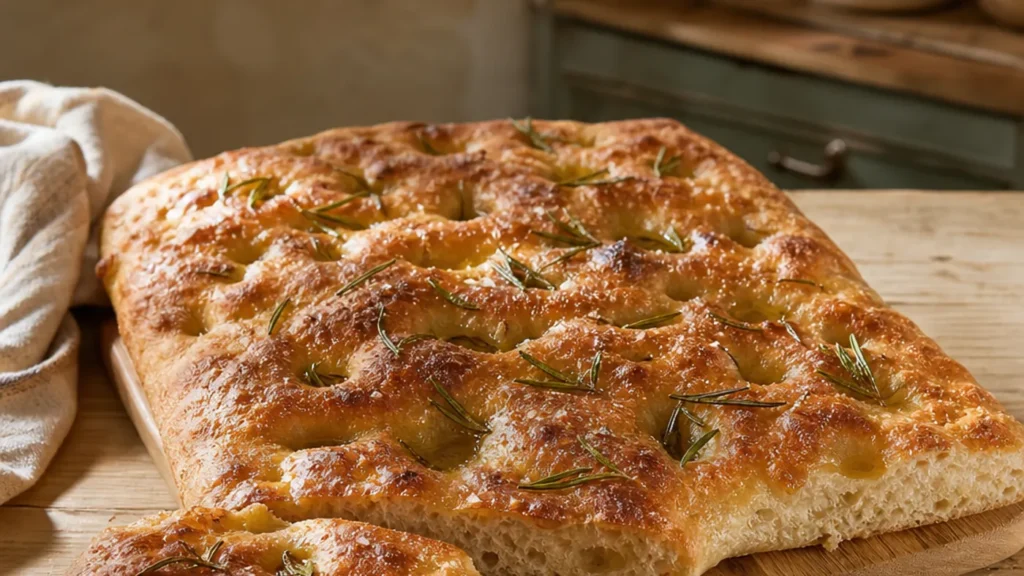 Focaccia maison dorée au romarin avec une mie alvéolée