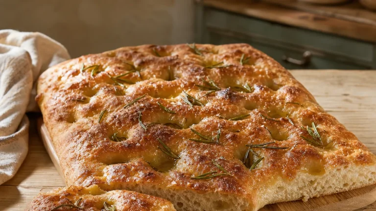 Focaccia maison dorée au romarin avec une mie alvéolée
