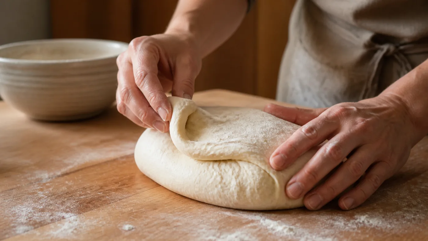 Replier doucement une pâte à pain pendant le pétrissage manuel