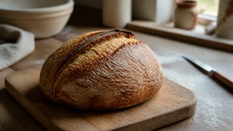 Pain au levain avec une grigne peu ouverte sur une planche en bois