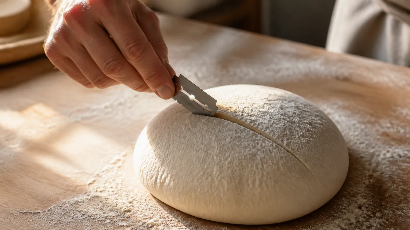Incision en biais d’un pâton avec une lame de boulanger