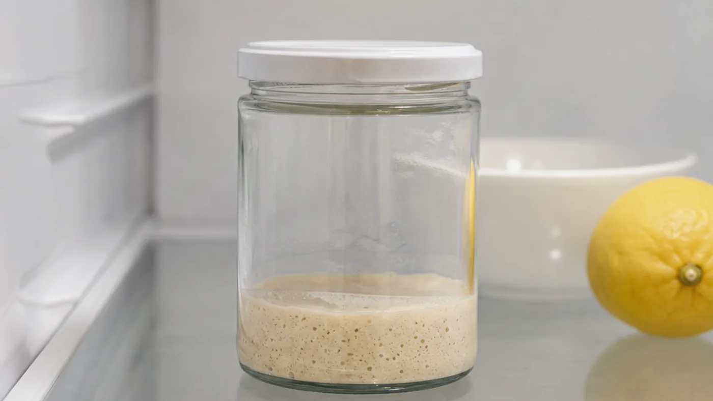 Petit bocal de levain ferme conservé sur une étagère de réfrigérateur