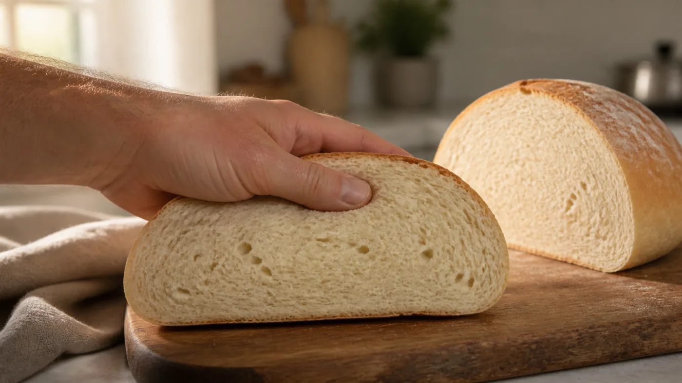 Mie douce et régulière d’un pain maison pressée légèrement à la main