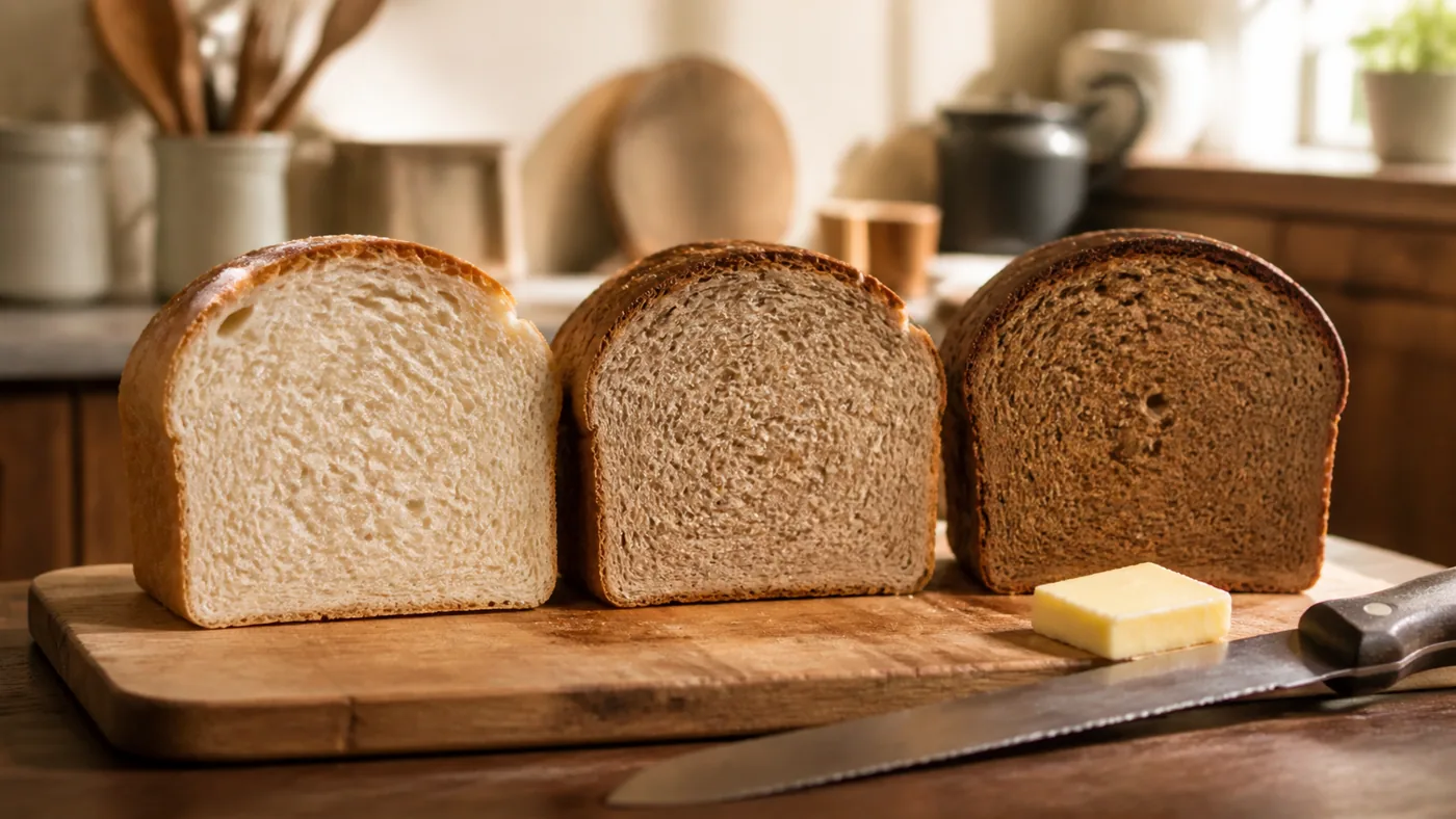 Tranches de pains blanc, semi-complet et complet montrant leurs mies