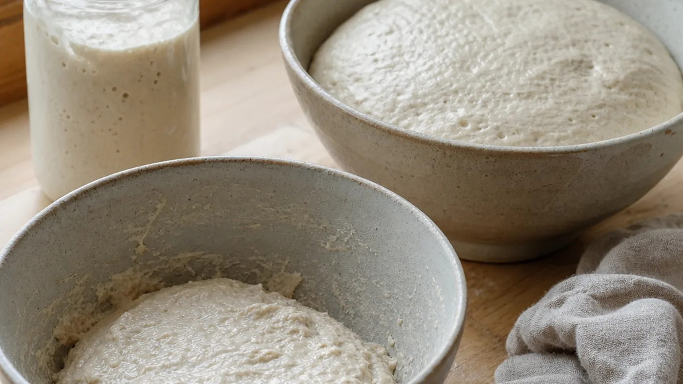 Deux pâtes au levain montrant des stades différents de fermentation en hiver