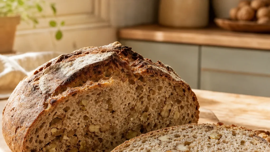 Miche de pain aux noix maison coupée avec mie et cerneaux visibles