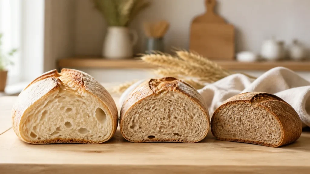 Trois pains artisanaux blanc, semi-complet et complet montrant leurs mies