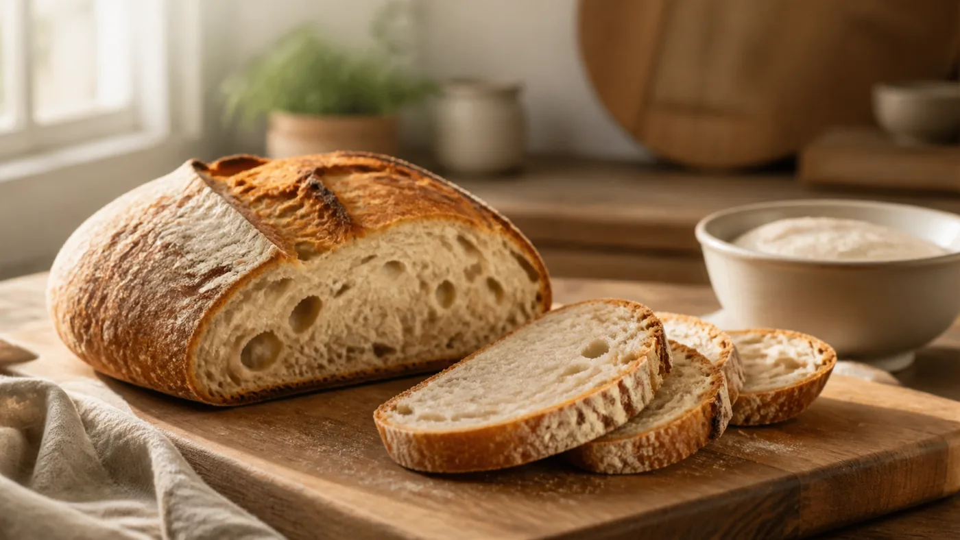 Miche de pain au levain tranchée sur une planche en bois
