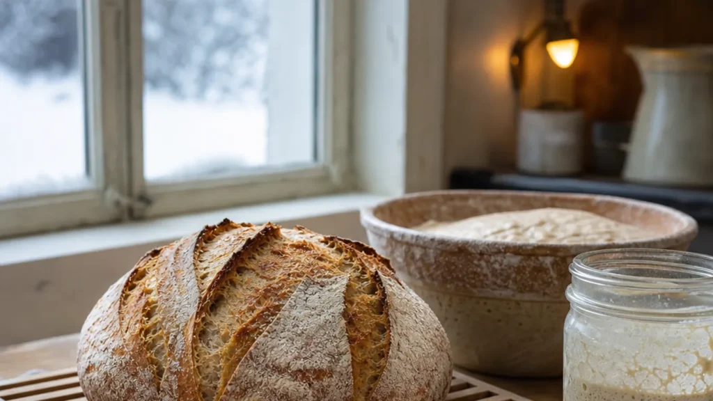 Miche de pain au levain, pâte et bocal de levain dans une cuisine d’hiver