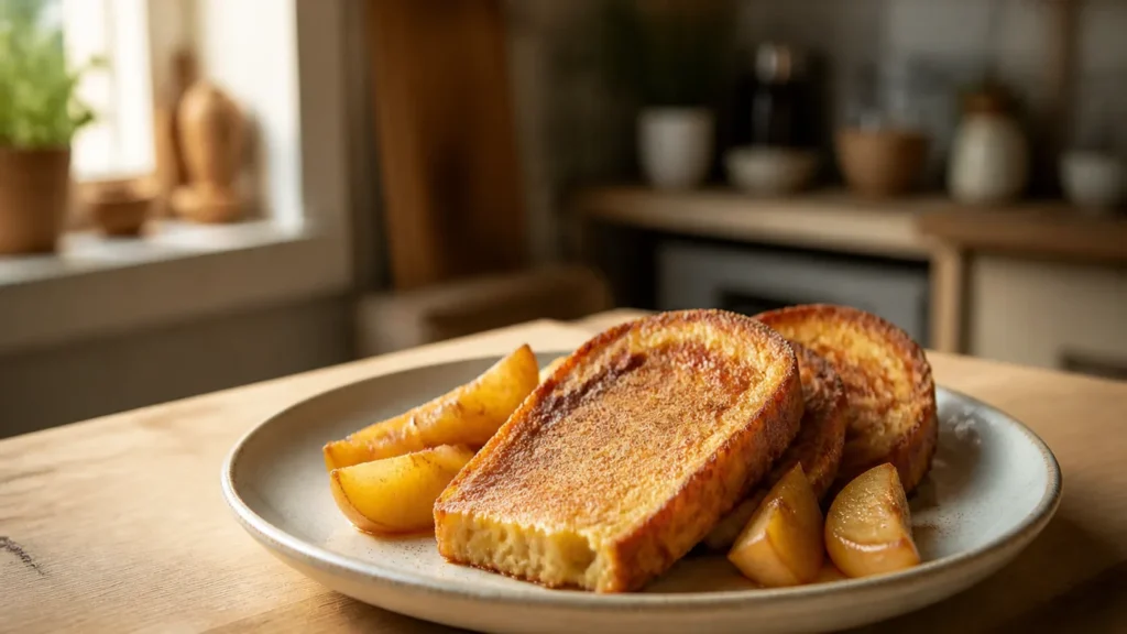 Tranches de pain perdu dorées accompagnées de quartiers de pomme cuite