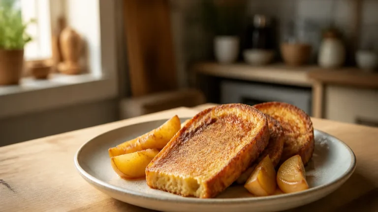 Tranches de pain perdu dorées accompagnées de quartiers de pomme cuite