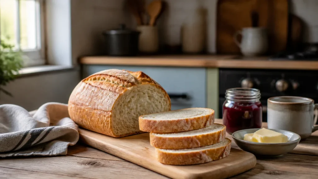 Pain maison tranché avec beurre et confiture sur une table de petit déjeuner