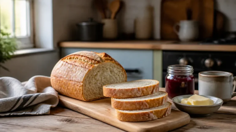 Pain maison tranché avec beurre et confiture sur une table de petit déjeuner