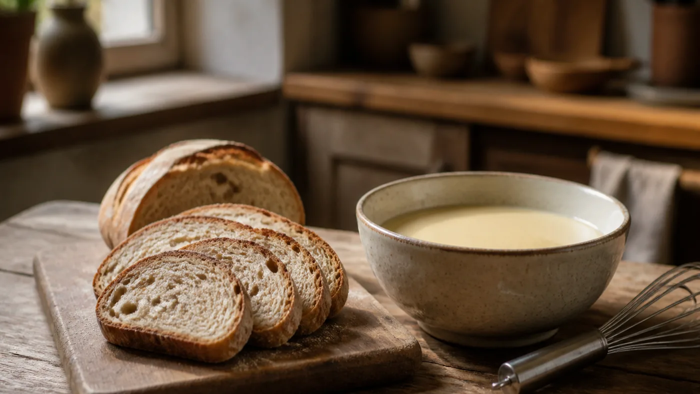 Tranches de pain de campagne rassis avec un bol de mélange aux œufs et au lait