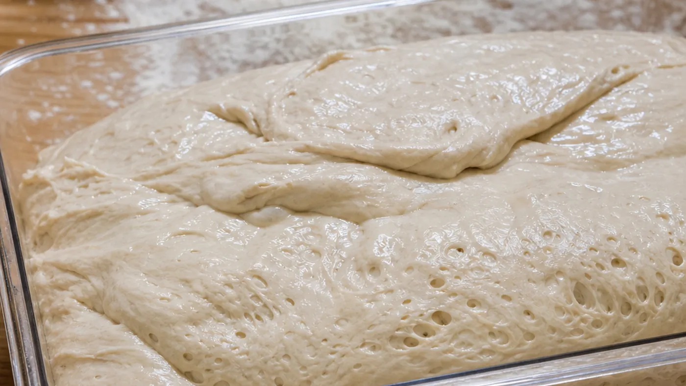 Pâte à focaccia très hydratée et bullée dans un bac transparent
