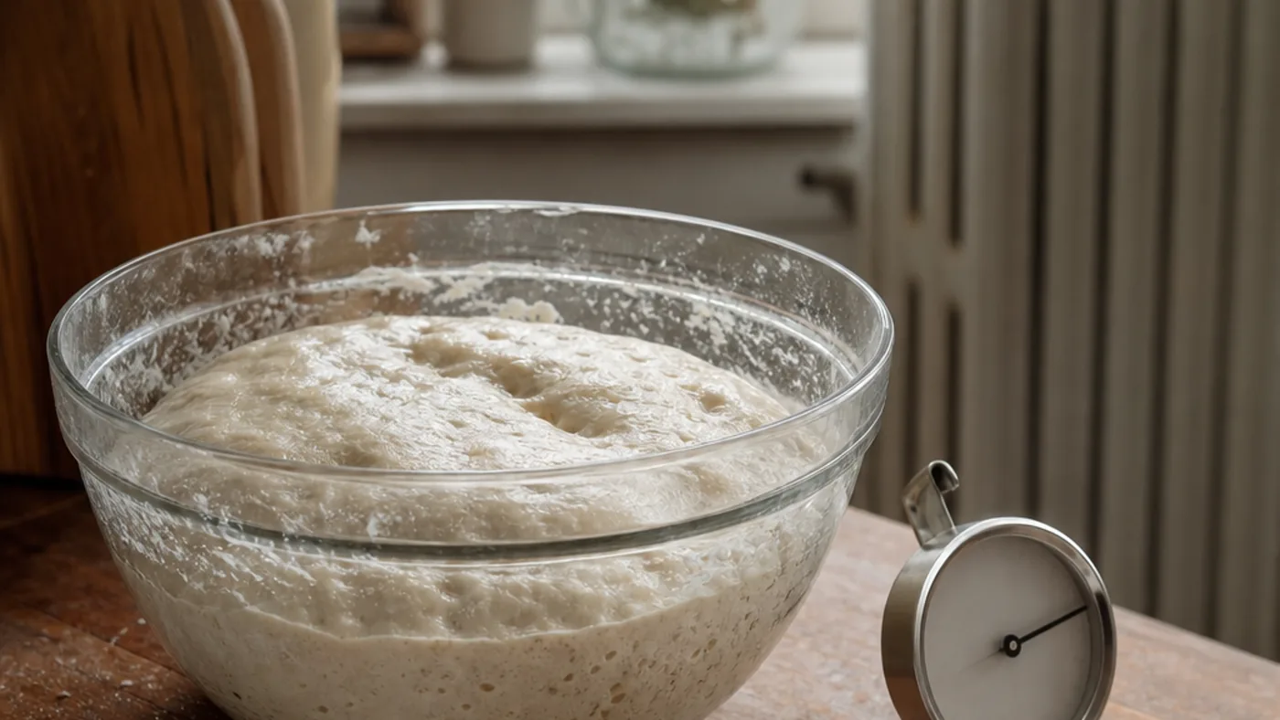Pâte au levain placée dans un coin doucement tempéré d’une cuisine en hiver