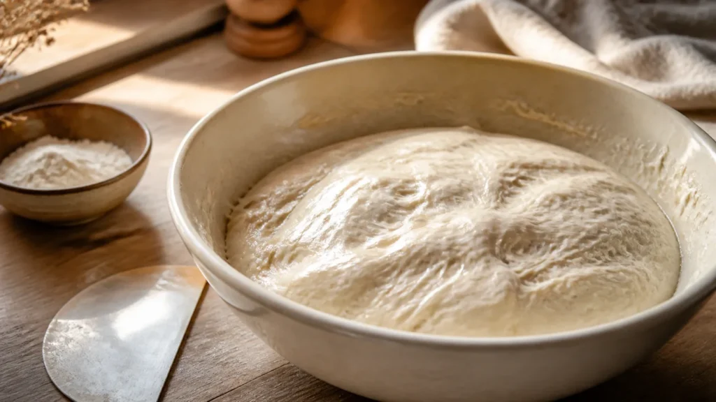 Pâte à pain hydratée et collante dans un grand bol en grès