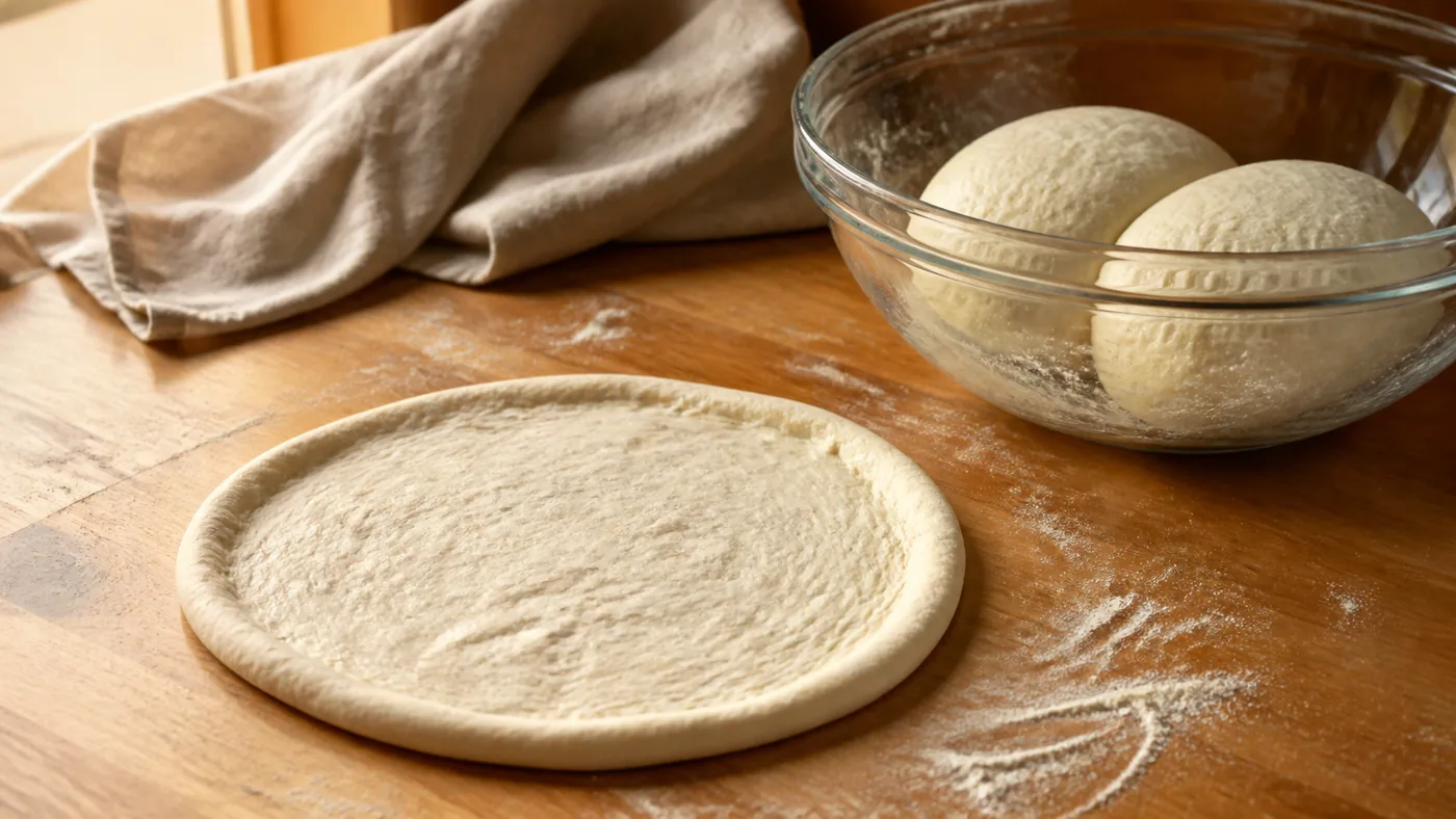 Pâtons de pizza au levain fermentés et pâte étalée sur un plan de travail