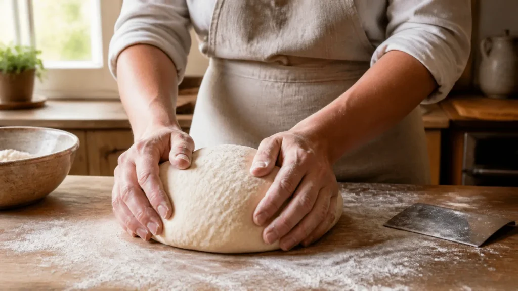 Deux mains pétrissant doucement une pâte à pain sur un plan de travail en bois