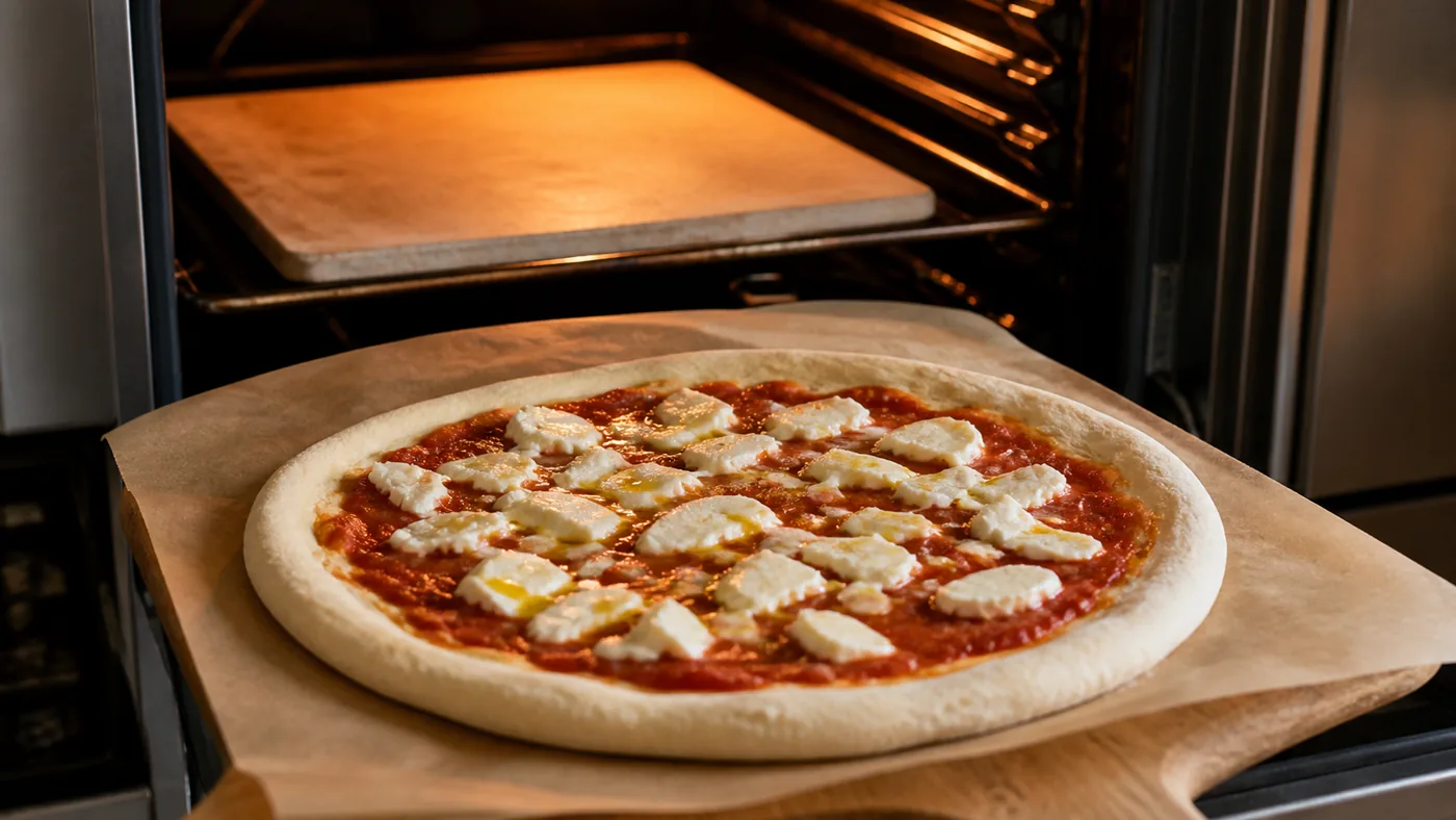 Pizza au levain garnie sur une pelle devant un four domestique préchauffé