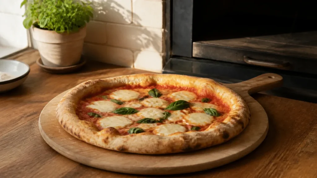 Pizza au levain cuite avec tomate, mozzarella et basilic sur une planche en bois