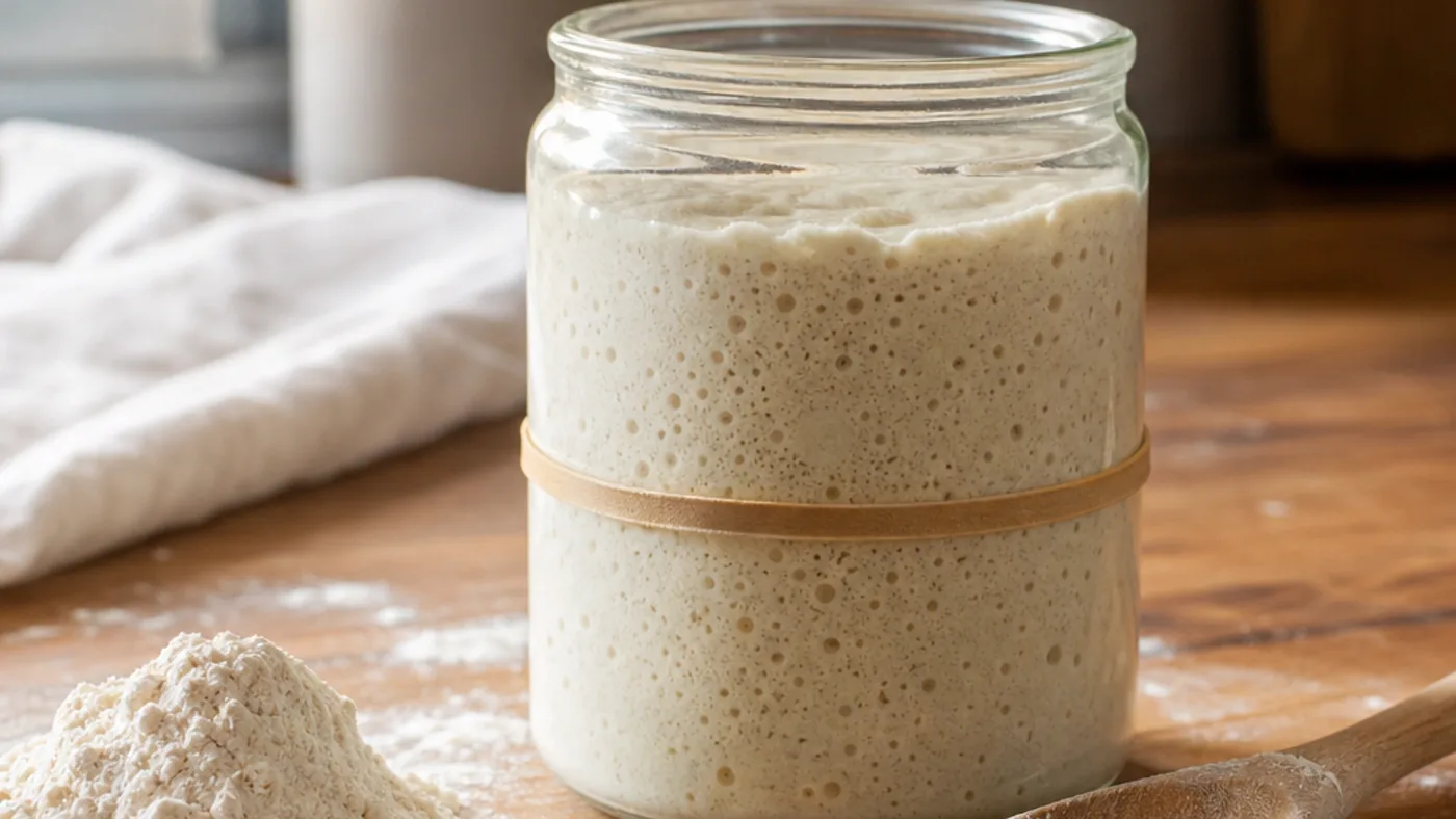 Levain fraîchement rafraîchi dans un bocal avec un élastique marquant son niveau