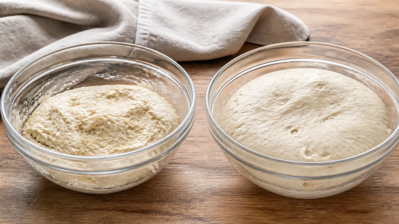 Deux pâtes à pain avant et après un temps de repos dans des bols en verre