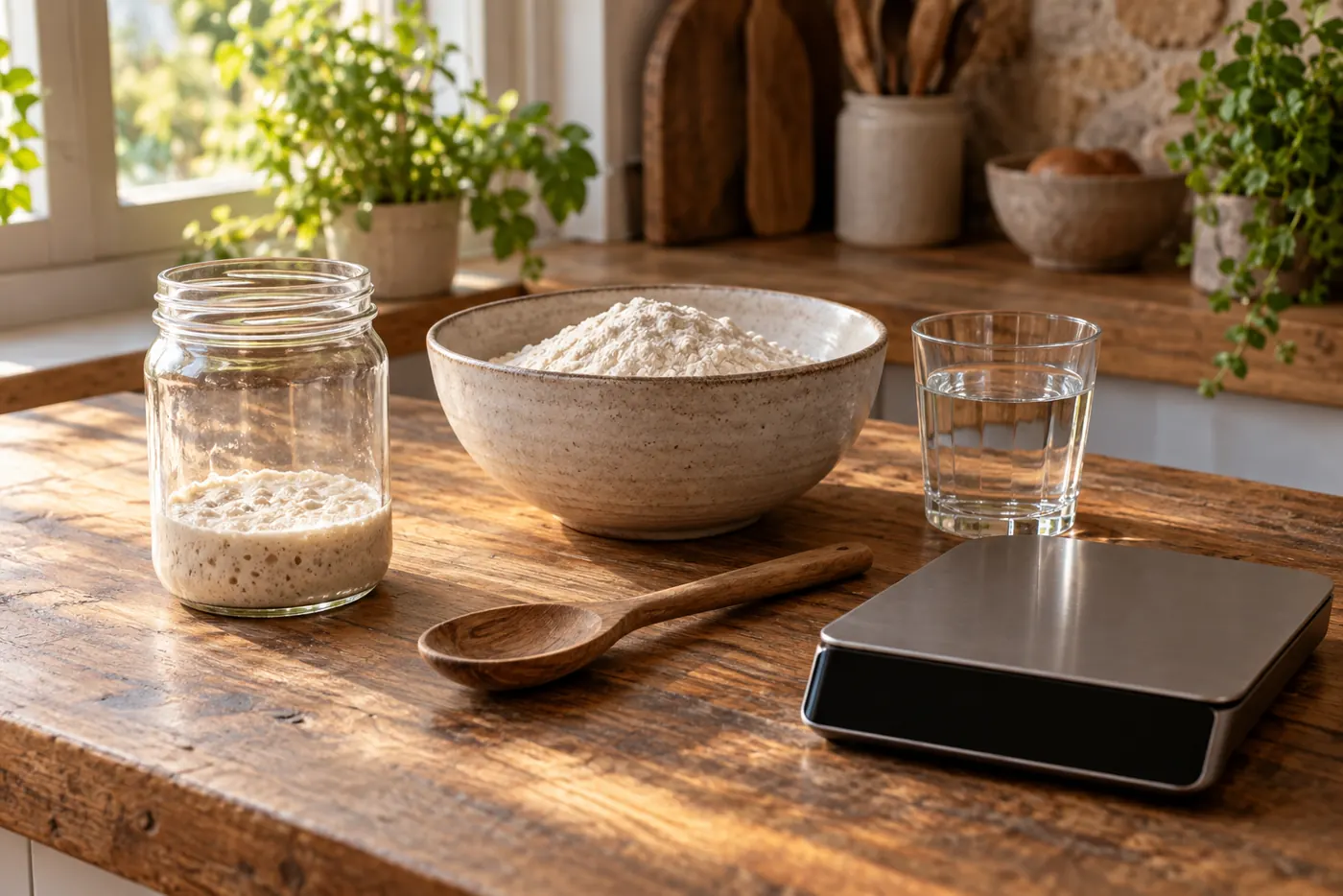 Levain, farine et eau préparés pour un rafraîchi pesé