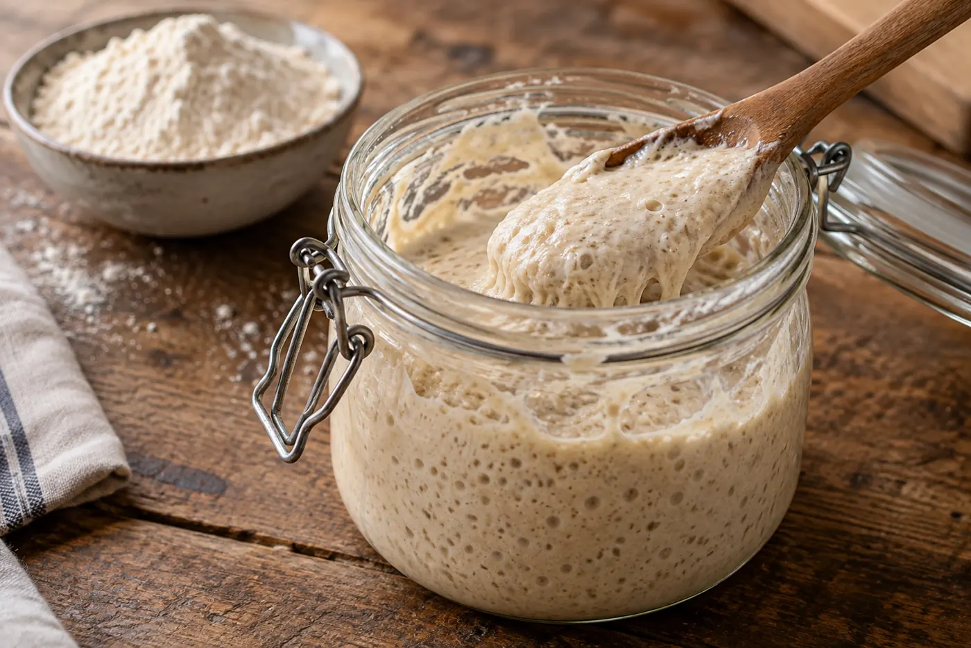 Levain épais adhérant à une cuillère posée dans un bocal