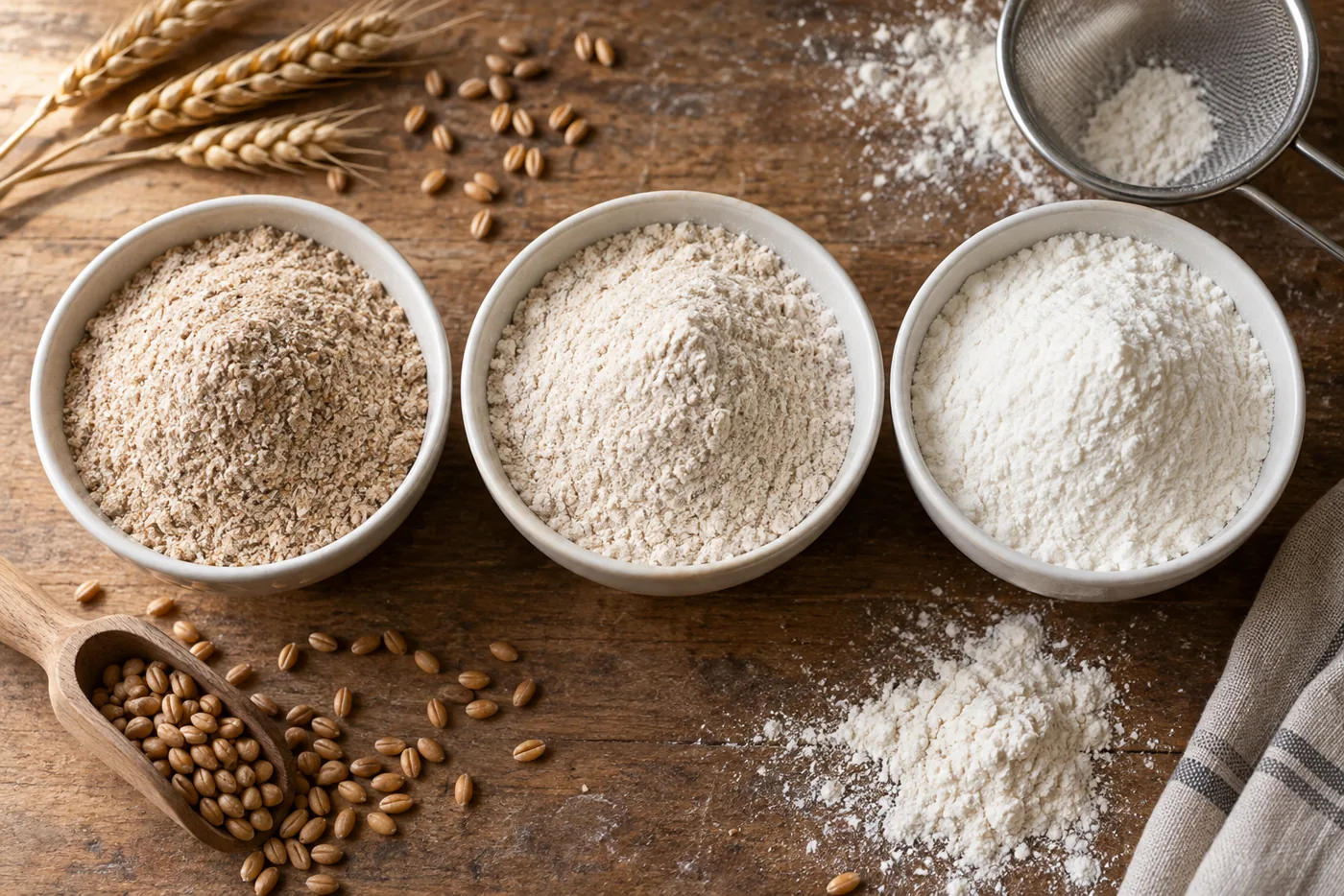 Farines complète, bise et blanche dans trois bols sur un plan de travail en bois