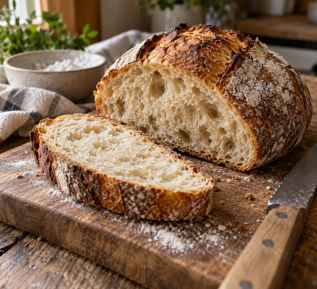 Miche de pain au levain entamée sur une planche en bois, mie alvéolée visible