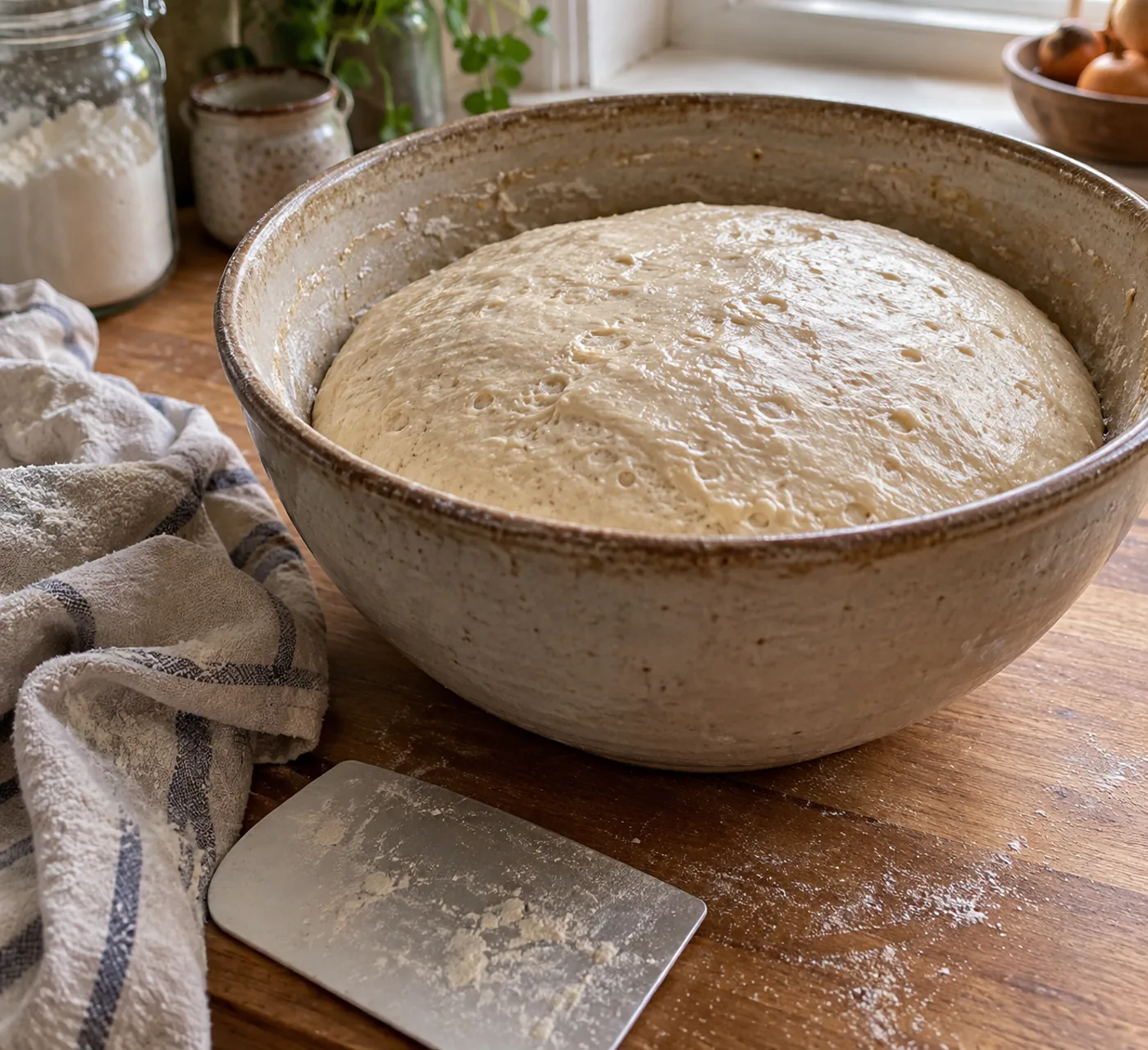 Pâte à pain au levain dans un saladier, surface bombée et bulles visibles en fin de pointage