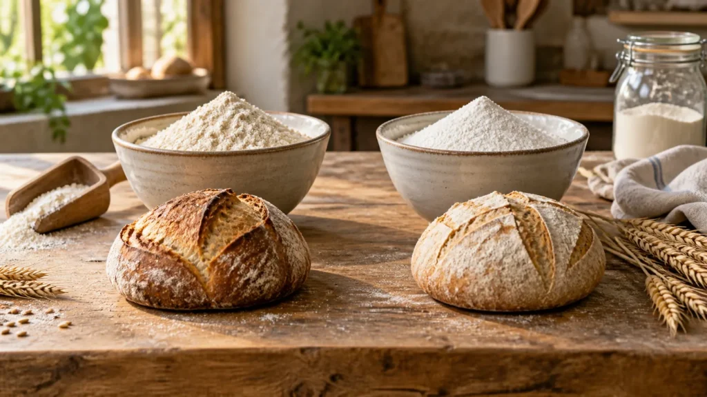 Deux bols de farine et deux miches maison aux textures différentes sur une table en bois
