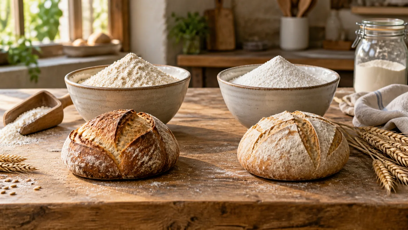 Deux bols de farine et deux miches maison aux textures différentes sur une table en bois