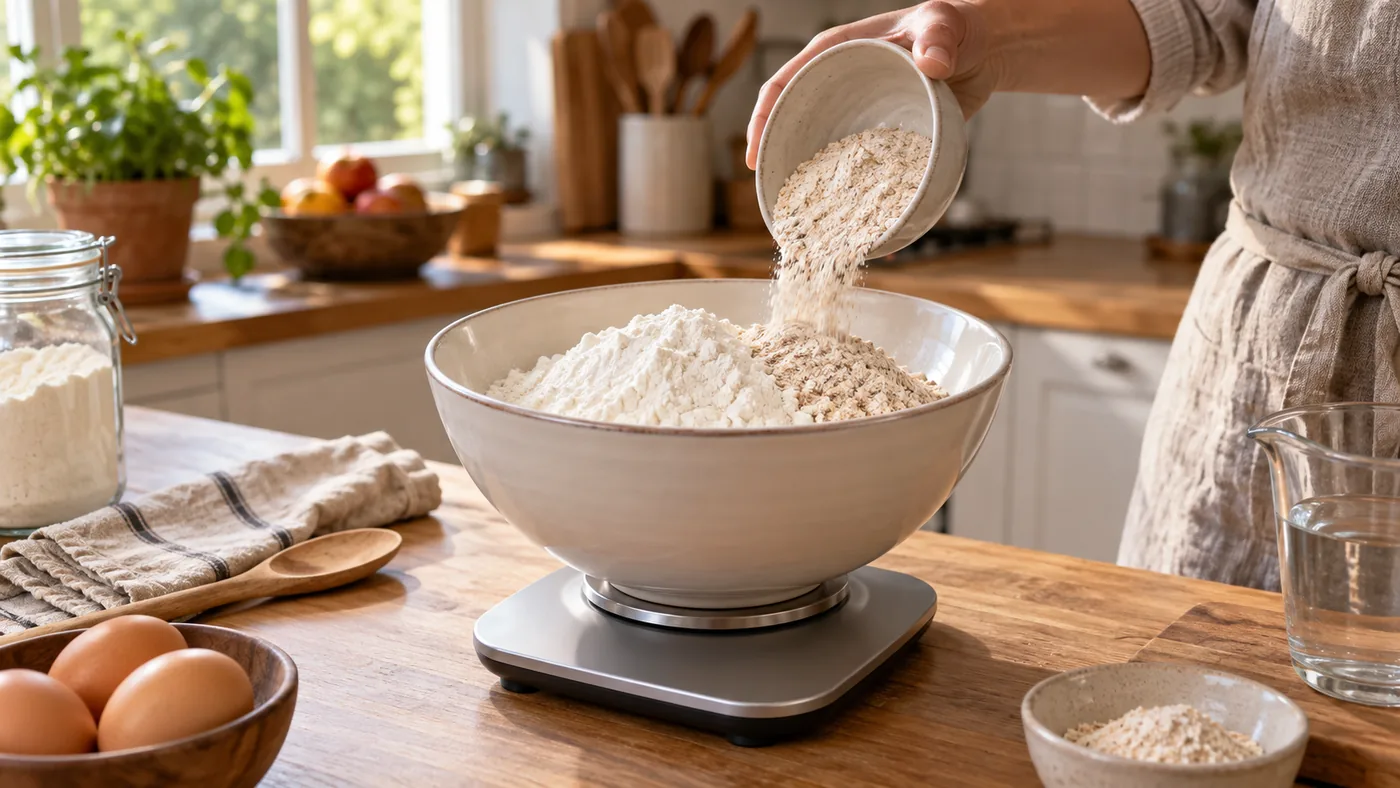 Petite portion de farine versée dans un grand bol posé sur une balance de cuisine