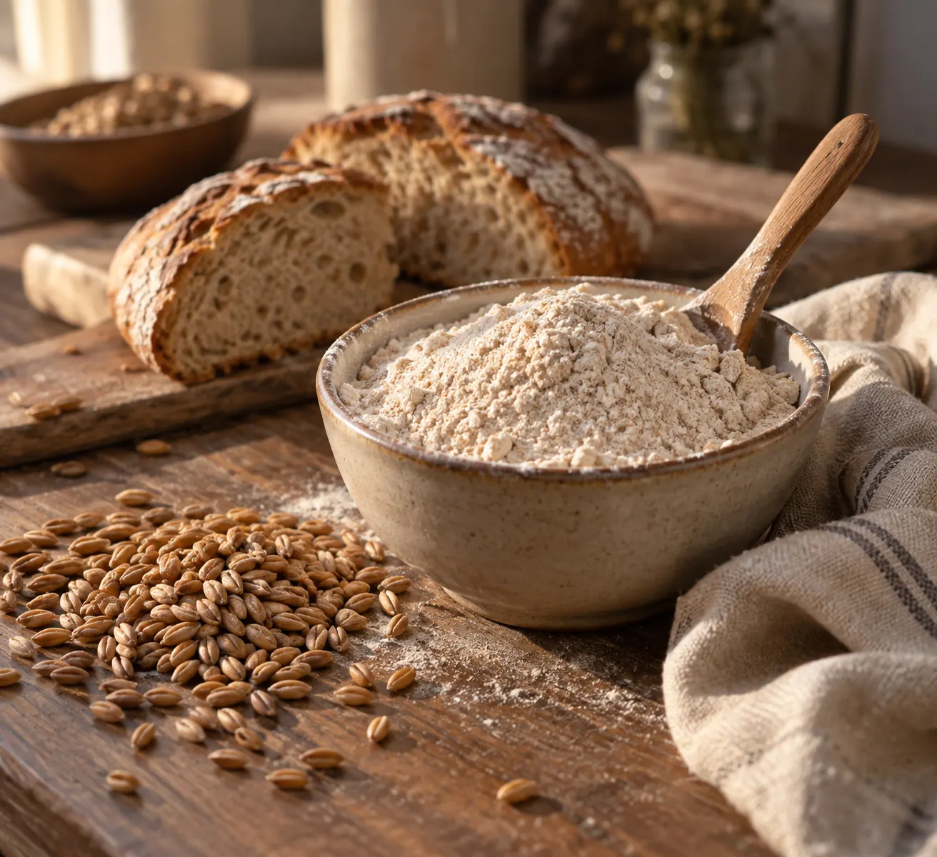 Bol de farine de grand épeautre, grains entiers d’épeautre et pain tranché sur un plan de travail en bois