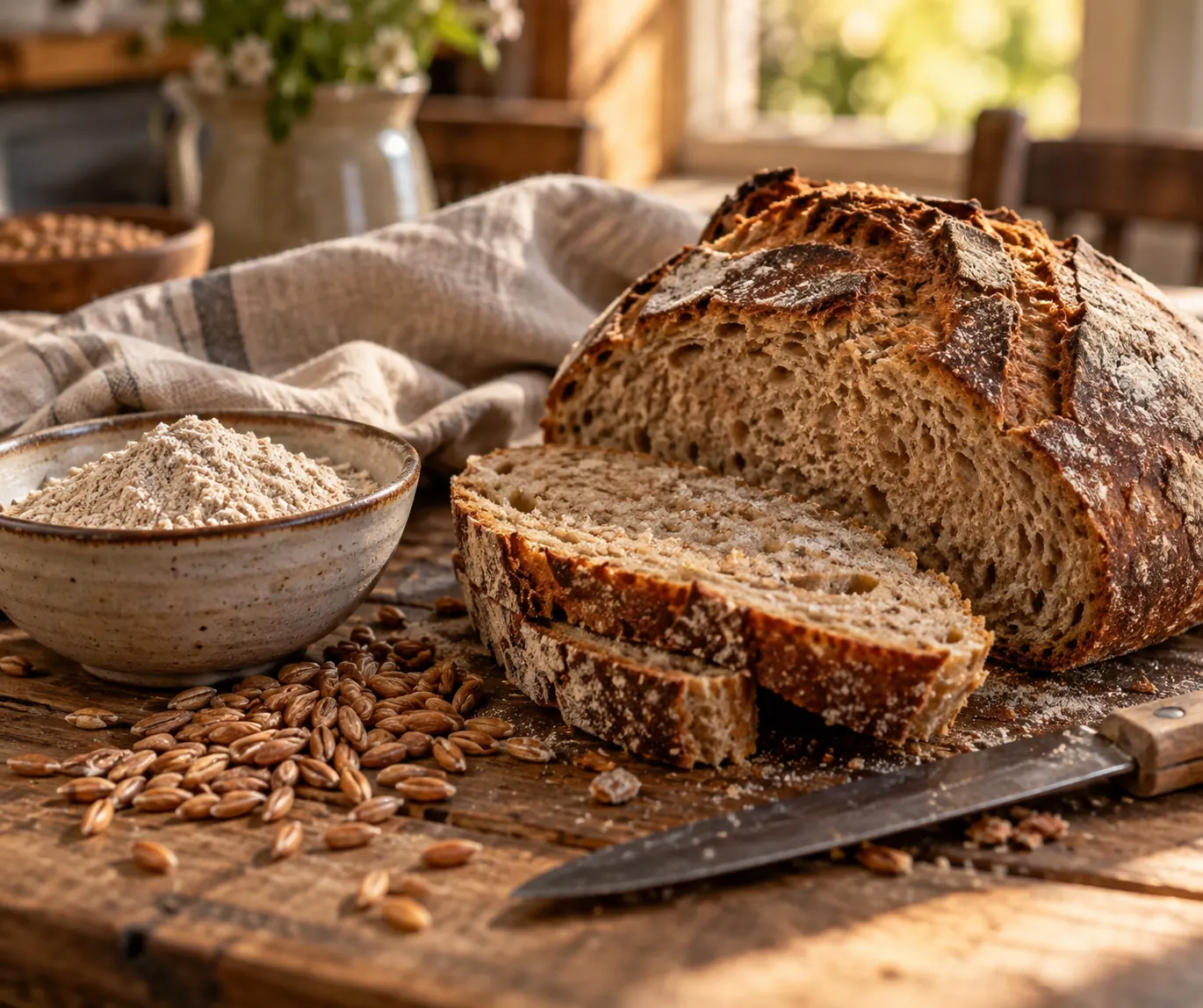 Miche de pain au grand épeautre entamée, bol de farine d’épeautre et grains entiers sur une table en bois