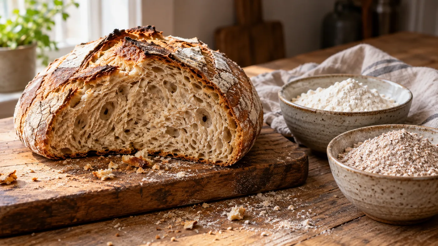 Miche de pain mélangé blanc et complet entamée sur une planche en bois, deux bols de farine blanche et complète à côté
