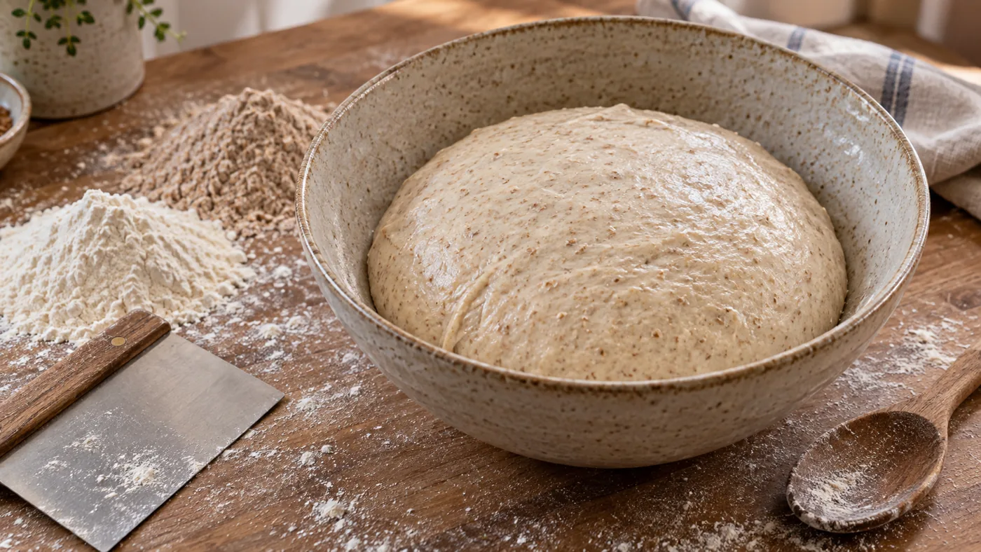 Pâte à pain beige mouchetée de son dans un saladier en grès, entourée de farine blanche et de farine complète sur un plan de travail fariné