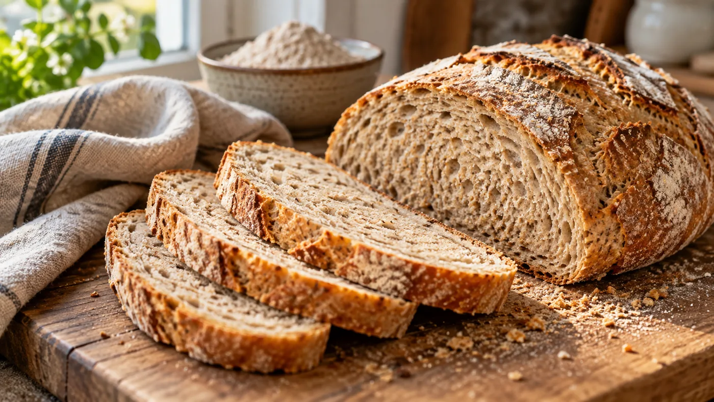 Pain mélangé blanc et complet tranché sur une planche en bois, mie beige mouchetée de son et croûte dorée