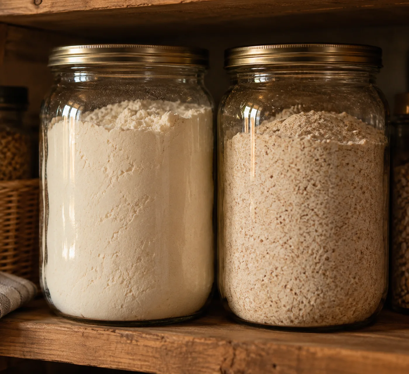 Bocal en verre fermé rempli de farine de blé claire posé sur une étagère en bois, à côté d’un second bocal de farine complète plus foncée