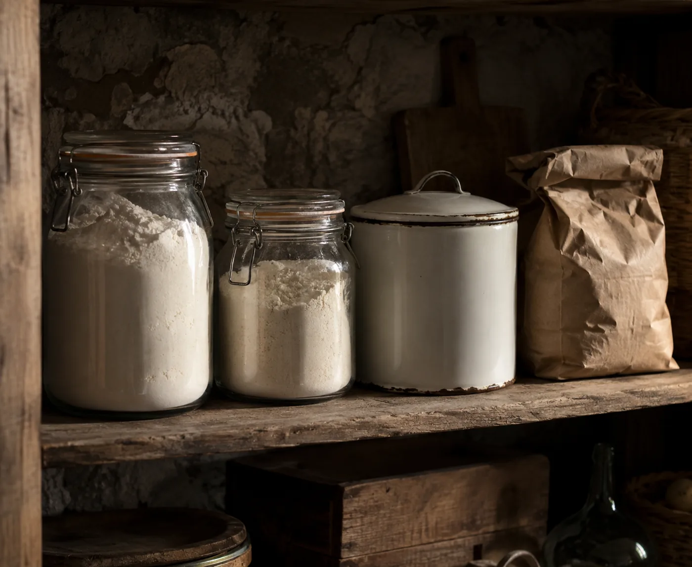 Étagère de réserve en bois dans une arrière-cuisine sombre, avec plusieurs bocaux de farine et un sac de farine en papier replié
