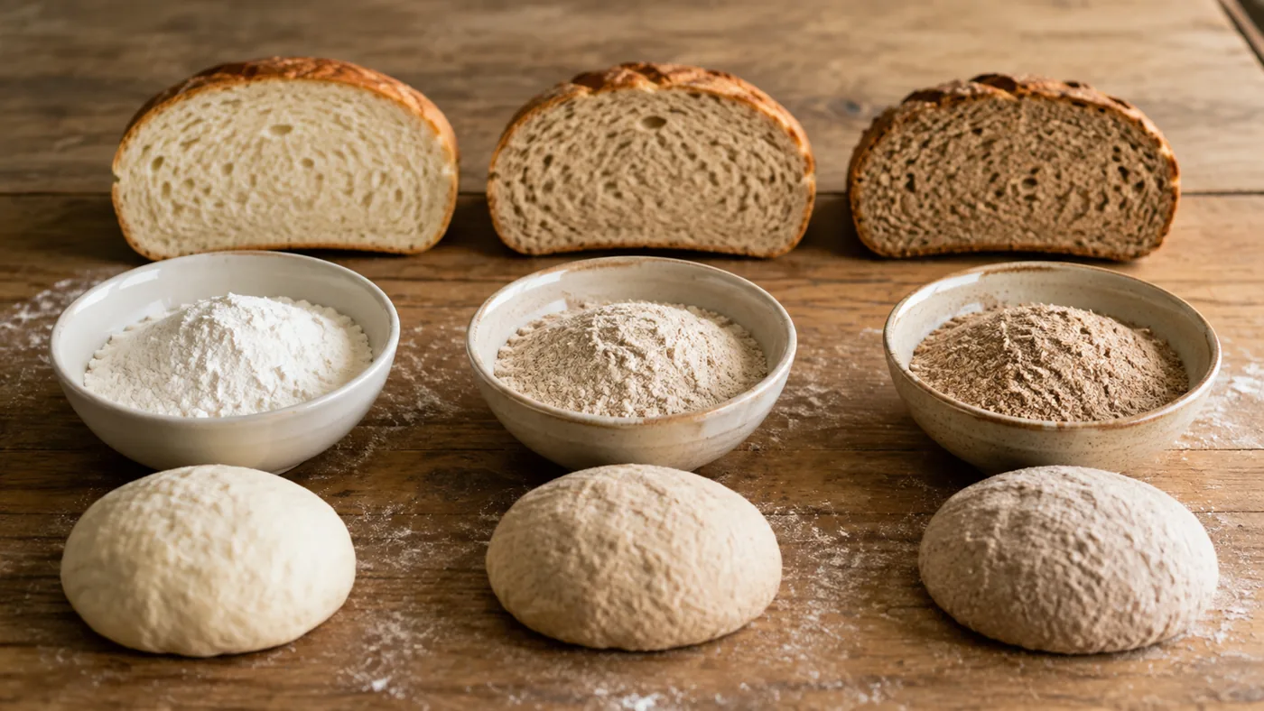 Farines blanche, semi-complète et complète avec leurs pains maison
