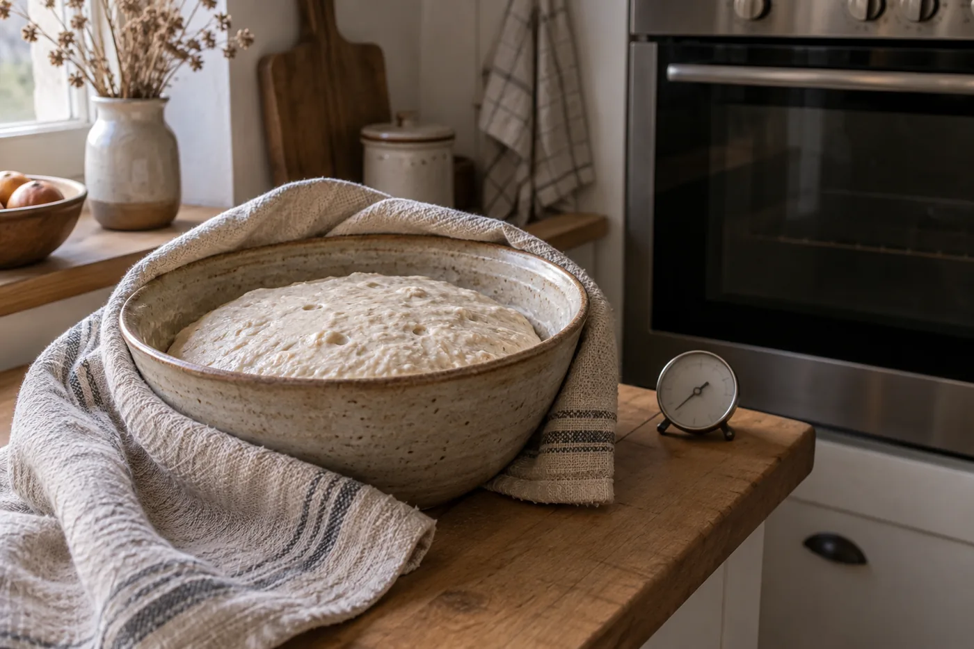 Pâte au levain en fermentation dans un saladier protégé du froid