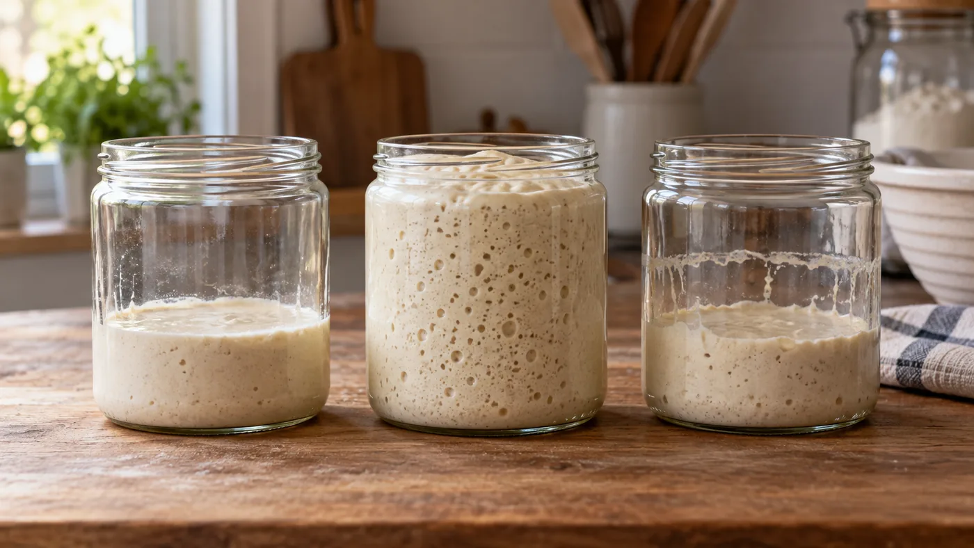 Trois bocaux montrent un levain juste nourri, au pic puis retombé