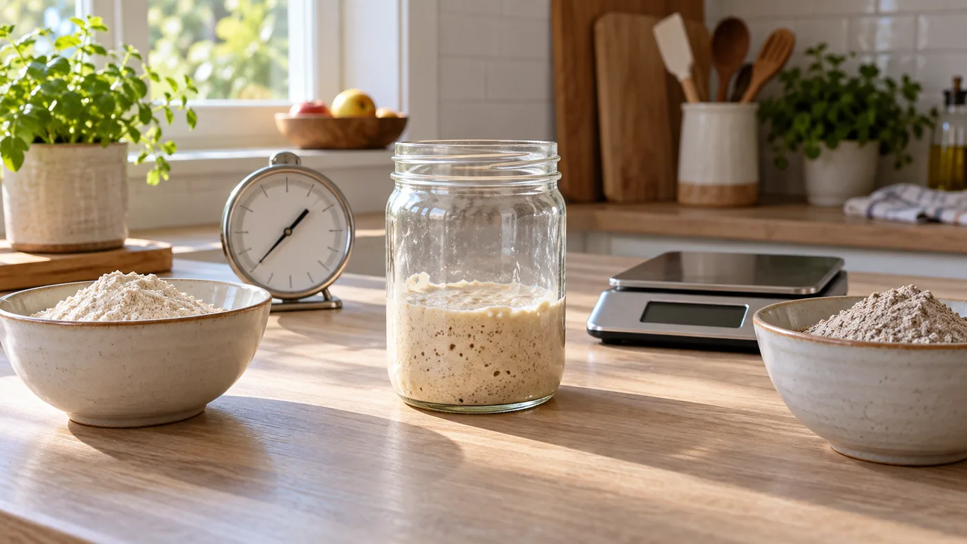 Levain près d'un thermomètre, d'une balance et de bols de farine de blé et de seigle