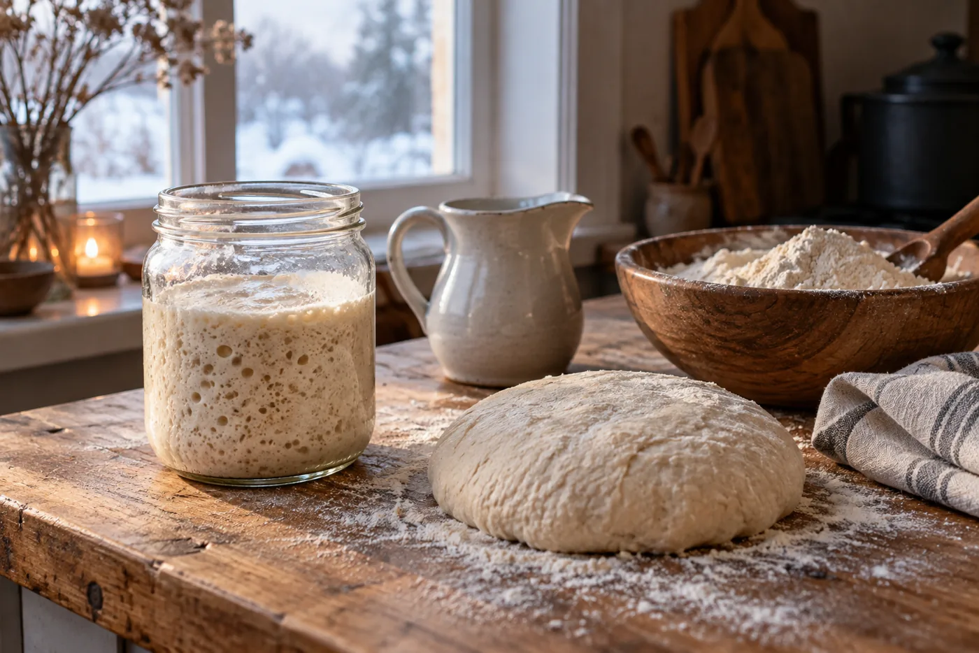 Levain actif, eau tiède et farine préparés dans une cuisine d’hiver