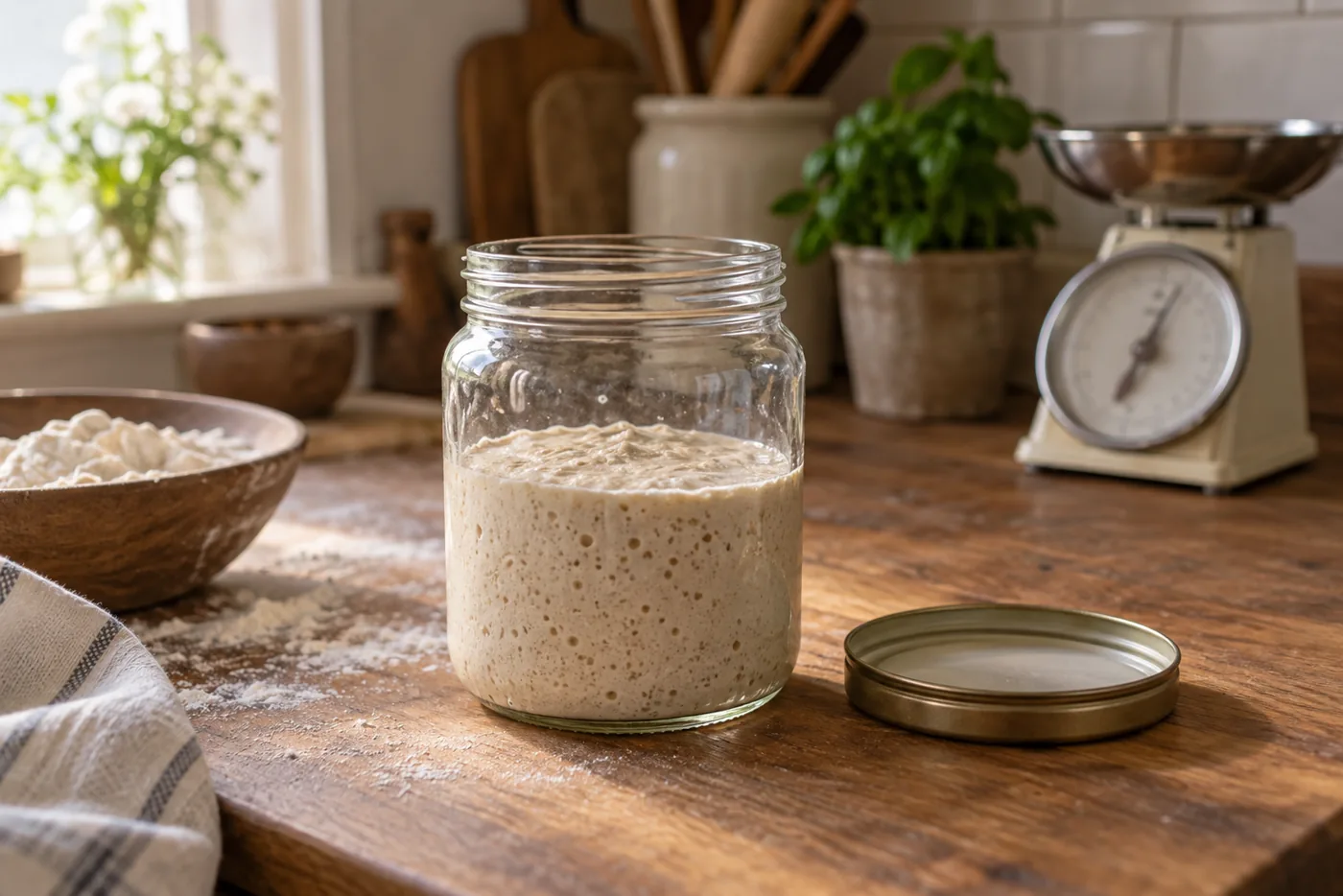 Bocal de levain fraîchement nourri avant un départ en week-end