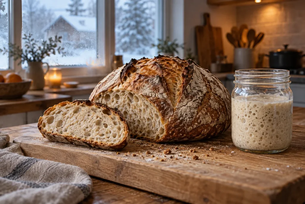 Miche de pain au levain et bocal de levain dans une cuisine d’hiver